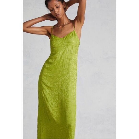 NEW Anthropologie Green Adjustable Tie Cross-Back Zipper Slip Midi Dress Size 10 - Picture 2 of 4